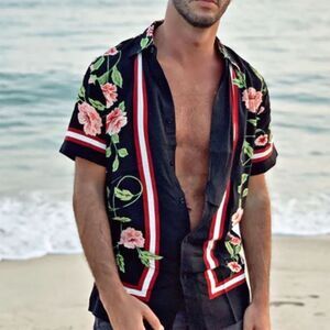 REASON Black and Floral Hawaiian Shirt-L